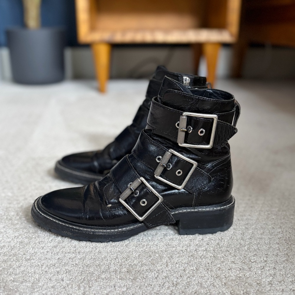 Rag & Bone Black Leather Moto Buckle Ankle Boots | Silver Hardware | Size 37.5